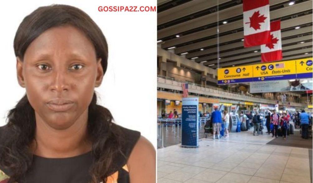 A collage of the late Delphina Wambui (left) and an airport in Canada (right)