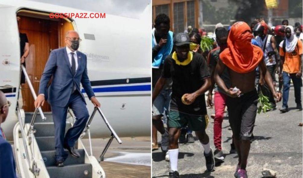 A photo collage of Haiti Prime Minister Ariel Henry exiting a plane and chaos in several gang members parade the Port-au-Prince amid chaos.