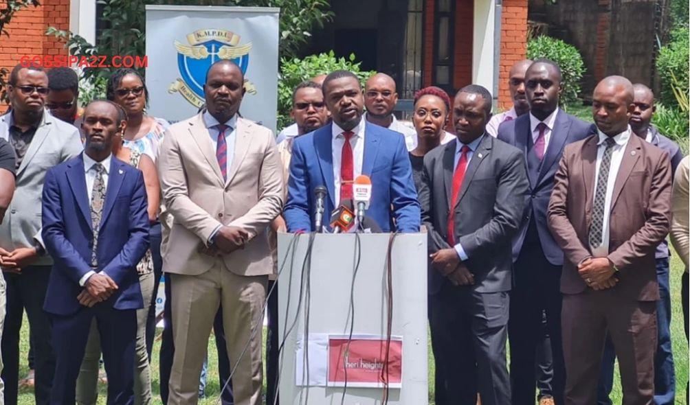 KMPDU Secretary General Dr. Davji Atellah, flanked by other union officials, addresses a press conference on August 21, 2023.