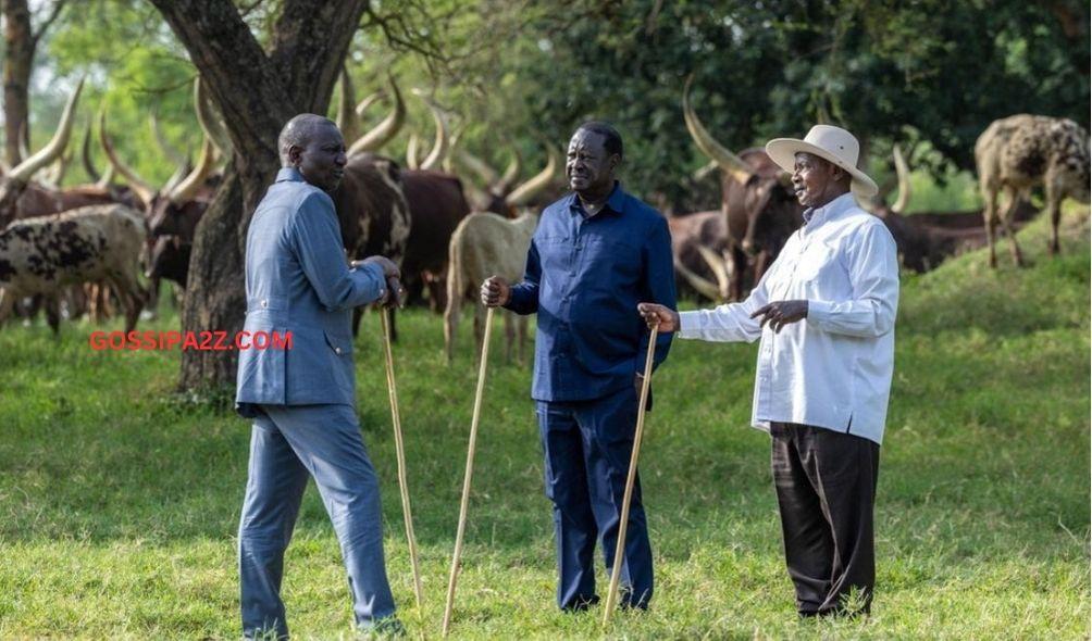 L-R: Kenya's President William Ruto, opposition leader Raila Odinga and Uganda's President Yoweri Museveni at Kisozi, Uganda on February 26, 2024.