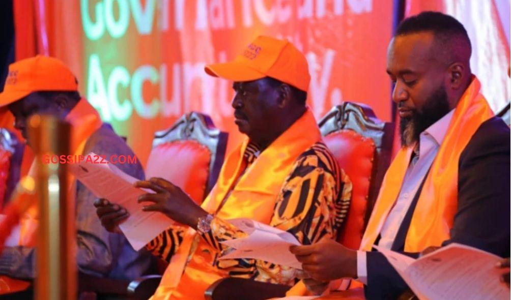 ODM deputy party leaders Hassan Joho and Wycliffe Oparanya with the party boss Raila Odinga during a past function.