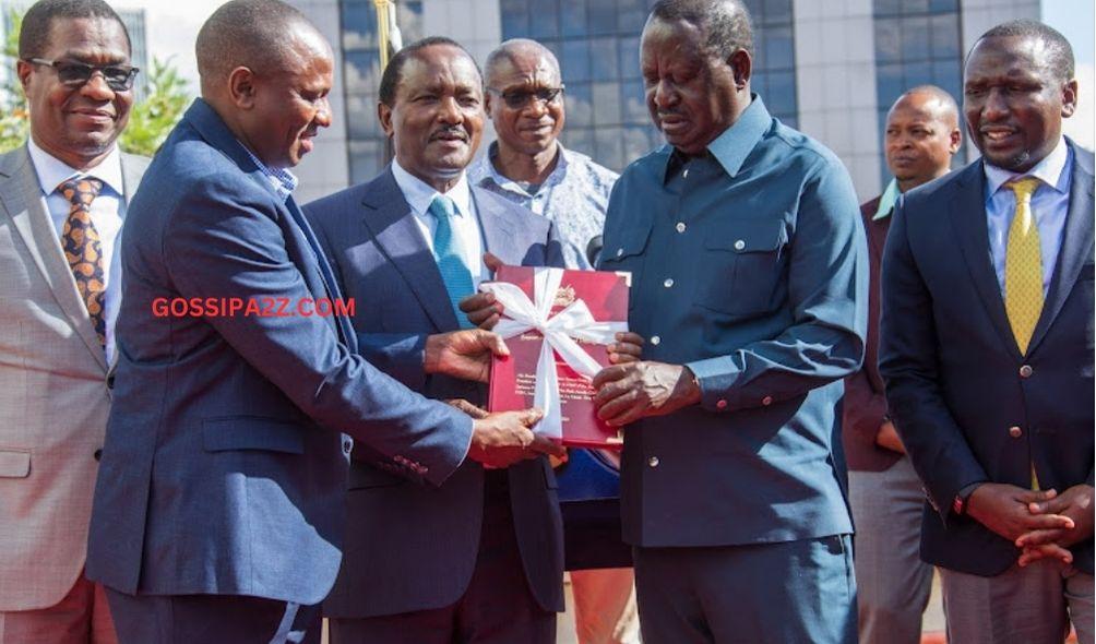 National Dialogue Committee (NADCO) co-chair Kimani Ichung'wah presents the team's report to Azimio leader Raila Odinga at his Capitol Hill office on March 8, 2024.