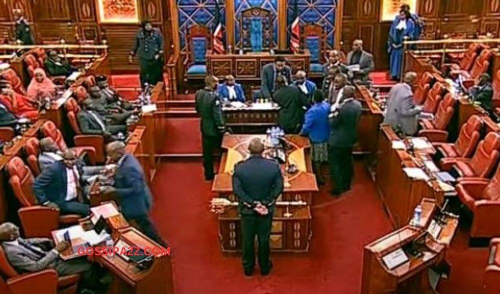 Azimio Senators confront the House chair, Garissa Senator Abdul Haji, in Parliament on March 12, 2024.