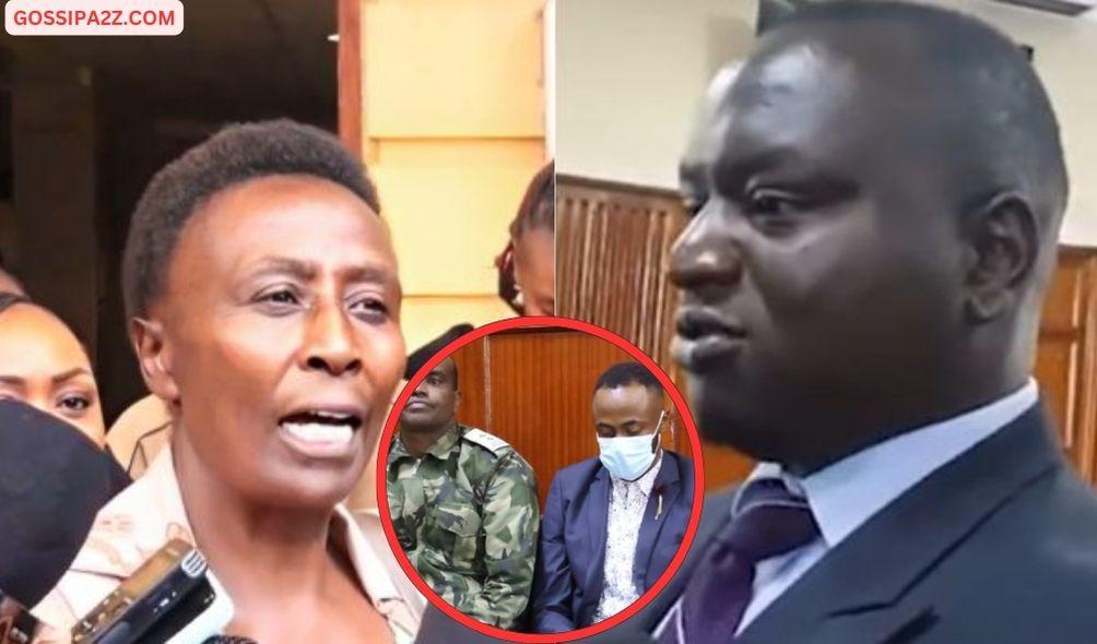 Joseph Irungu's mother addressing the press outside the high court in Nairobi on March 13, 2024(Left) Monica Kimani's brother(Right) Jowie Irungu(Center)