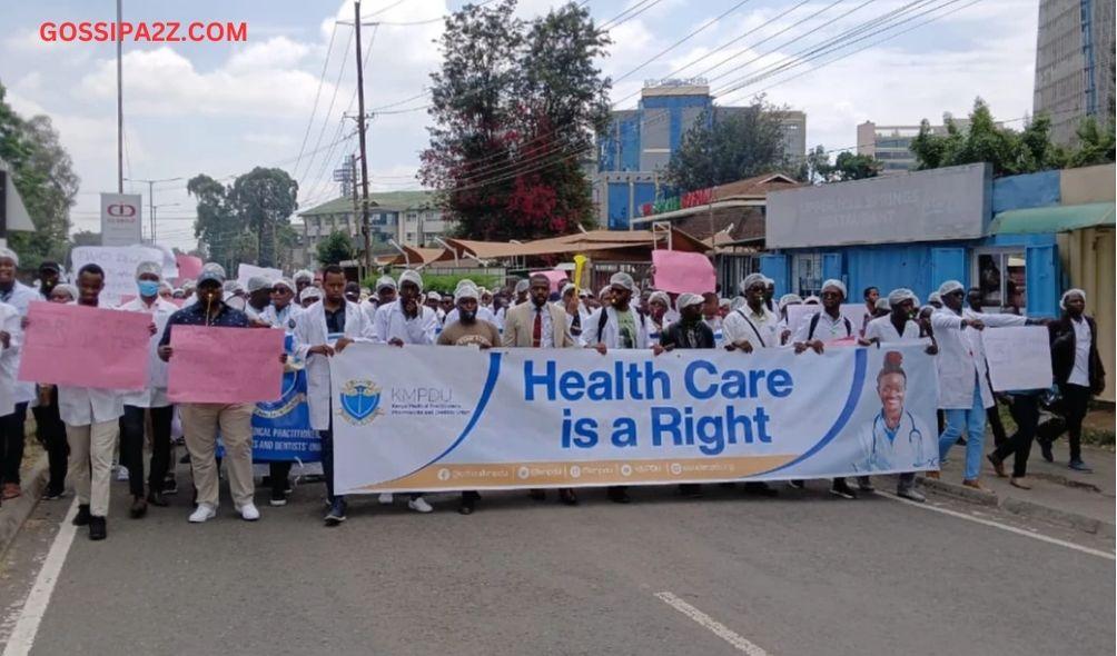 KMPDU officials lead medical interns in protesting their delayed posting on February 29, 2024.