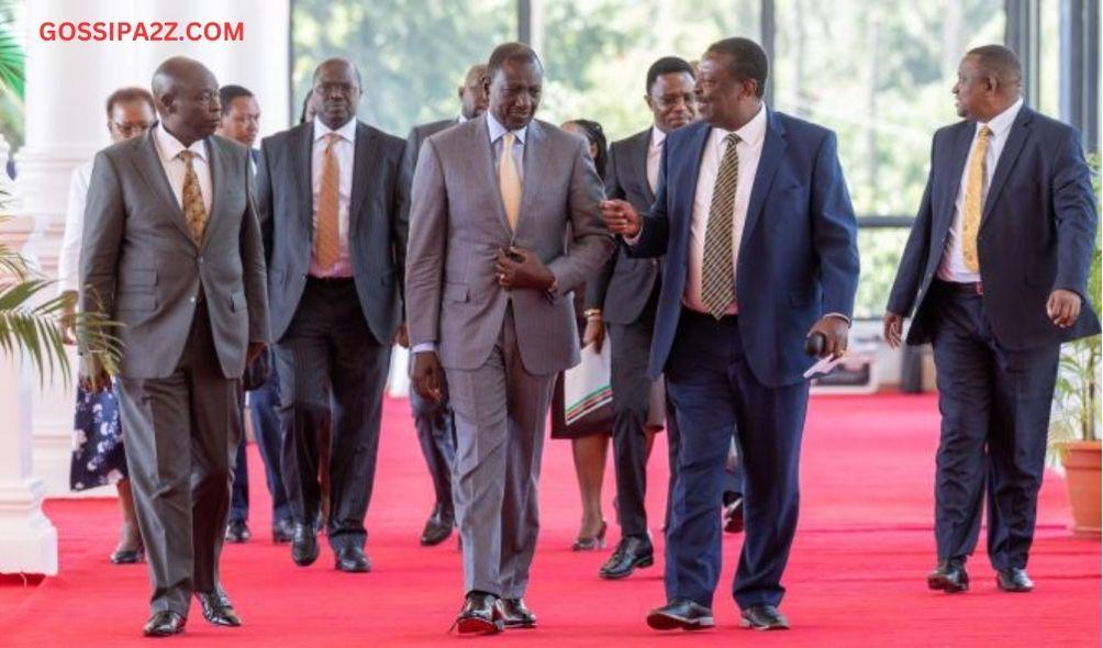 From the left, Deputy President Rigathi Gachagua, President William Ruto (centre) and Foreign Affairs Cabinet Secretary Musalia Mudavadi alongside other Cabinet Secretaries after a cabinet meeting held on March 13, 2024