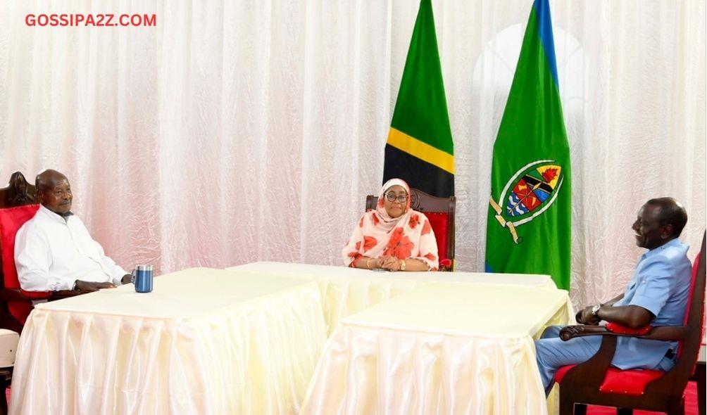 From Left: President Yoweri Museveni (Uganda), President Samia Suluhu (Tanzania) and President William Ruto (Kenya) at a a meeting in Zanzibar on March 14, 2024.