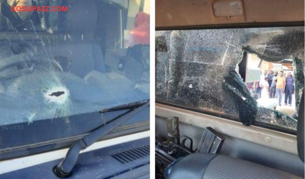 A collage photo of bullet holes on the windscreen and windows of Baringo County Commissioner vehicle shot at by bandits on February 12