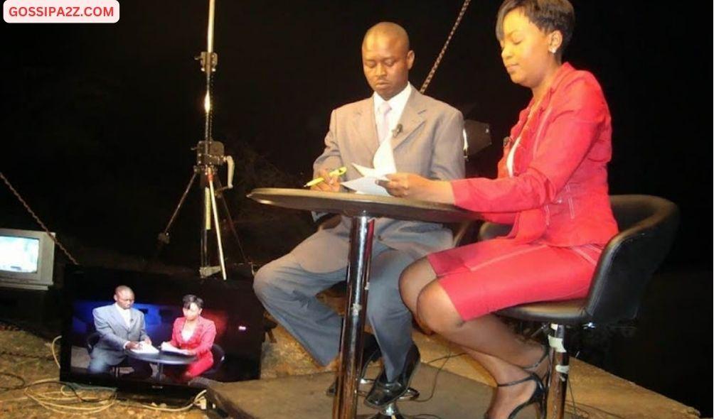 Nation Media Group Editor-in-Chief Joe Ageyo and Rita Tinina during a news bulletin.