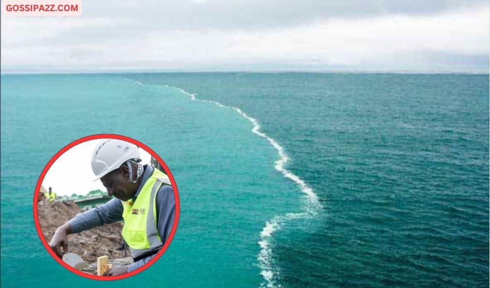 President William Ruto during a construction against a background of the Indian Ocean.