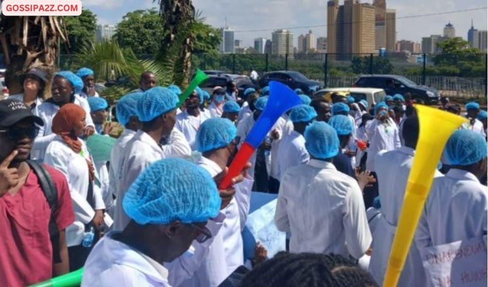 Graduate doctors and medical students stage protests outside Afya House on February 12, 2023.