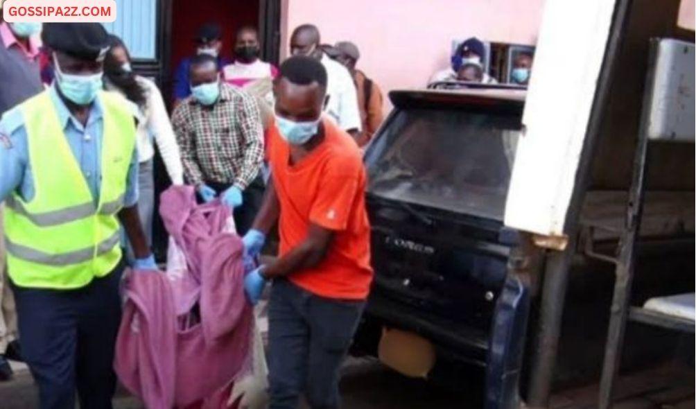 Police officers transfer a body from a house in Kericho County.