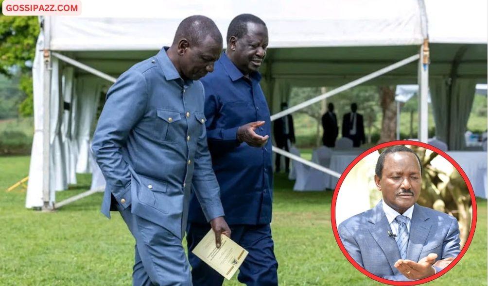 A collage of Wiper Leader Kalonzo Musyoka (bottom left), President William Ruto and Azimio Leader Raila Odinga.