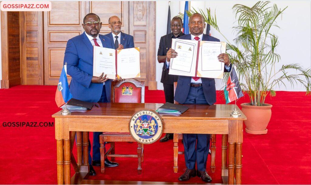 President William Ruto (far right), and Haiti Prime Minister Ariel Henry (far left) witnessed the signing of the agreement on the deployment of 1,000 police officers to Haiti.