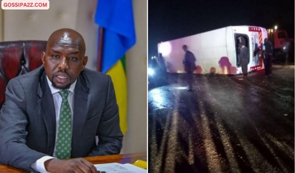 A collage of Transport CS Kipchumba Murkomen at a meeting on March 27, 2024 (left) and an easy coach bus involved in an accident on April 1, 2024 (right)