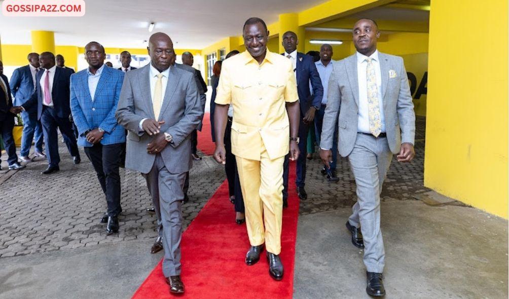 President William Ruto with Deputy Rigathi Gachagua and UDA Secretary General Cleopas Malala at Hustlers Centre, Nairobi, on April 2, 2024.