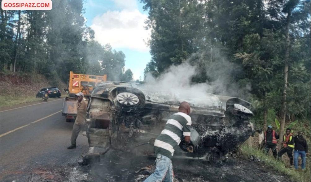 Remains of the vehicle belonging to Meru County Deputy Speaker Mwenda Ali.