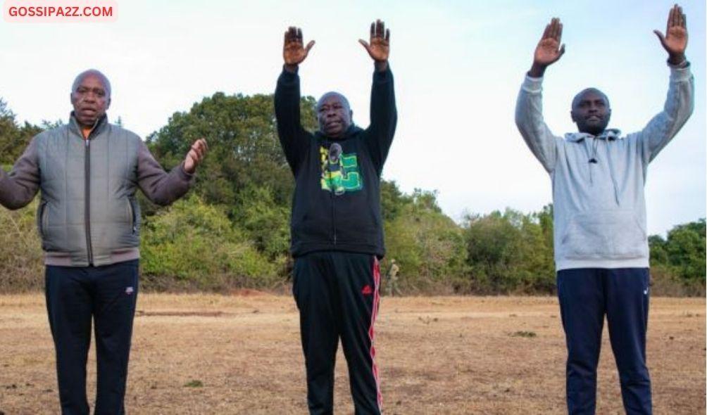 Njoroge Wainana, MP Kieni (left), Deputy President Rigathi Gachagua (center)and the Nyandarua Senator John Methu (right) during a prayer session