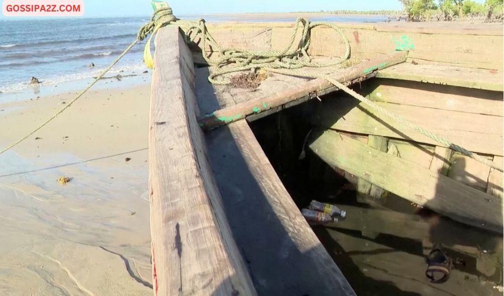 A ferry sits on the shore, which according to an official was unlicensed, following an accident in Nampula Province, Mozambique, in this screen grab obtained from a video on April 8, 2024. PHOTO | REUTERS