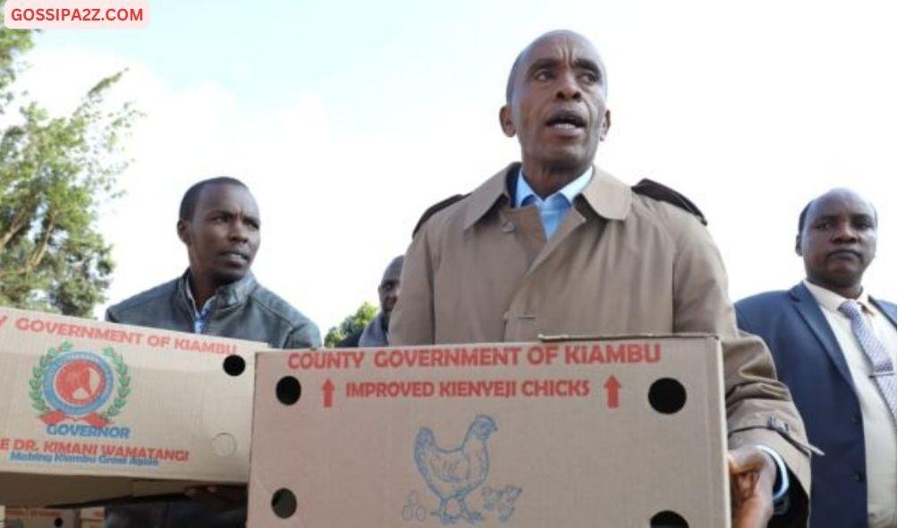 Kiambu Governor Kimani Wamatangi distributing chicks in Kiambu on July 2023