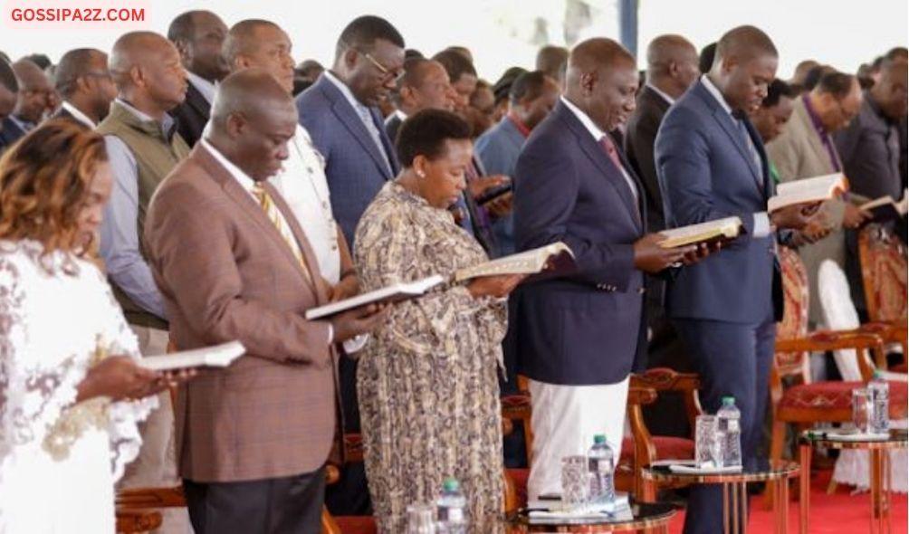 President William Ruto ( in white trouser) attending a church service alongside Deputy President Rigathi Gachagua, Kenya's first lady Rachel Ruto and second lady Dorcas Rigathi