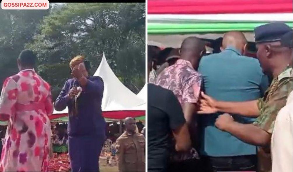 Collage photo of Maragua MP, Mary Wamaua and CS Aisha Jumwa on podium alongside an image of fighting supporters in Murang'a on April 15, 2024.