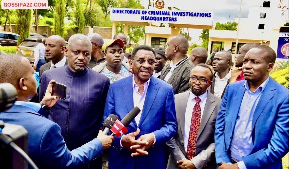 Kisii Governor Simba Arati (Right) in the company of his lawyers led by Rarieda Member of Parliament Otiende Amollo (Left), Siaya Governor James Orengo (Second left) and Ndegwa Njiru address journalists after recording a complaint against the Kisii County Criminal Investigations Officer on April 15, 2024 at The Directorate of Criminal Investigations Headquarters in Nairobi.