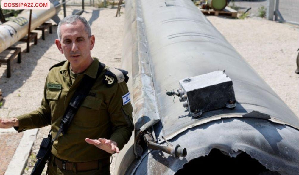 Israeli military spokesperson Rear Admiral Daniel Hagari speaks to the media as Israel's military displays what they say is an Iranian ballistic missile which they retrieved from the Dead Sea after Iran launched drones and missiles towards Israel, at Julis military base, in southern Israel April 16, 2024.