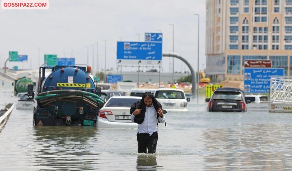 Cars are stranded in flood water caused by heavy rains, in Dubai, United Arab Emirates, April 17. REUTERS/Amr Alfiky