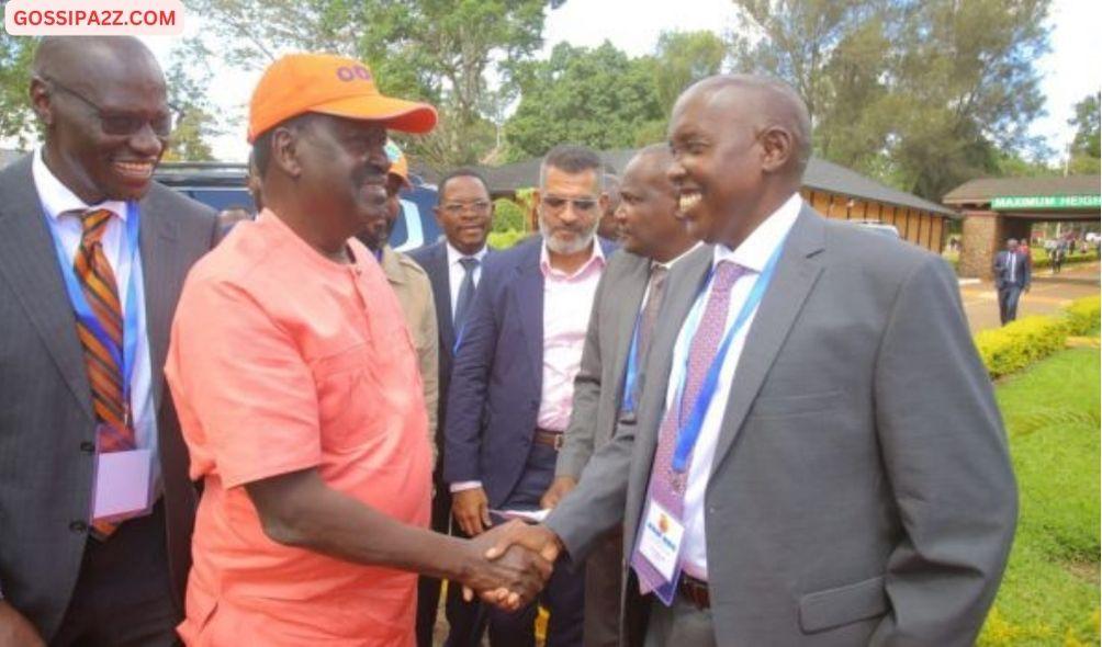 ODM Leader Raila Odinga greets Kajiado Governor Joseph Ole Lenku on April 18, 2024.