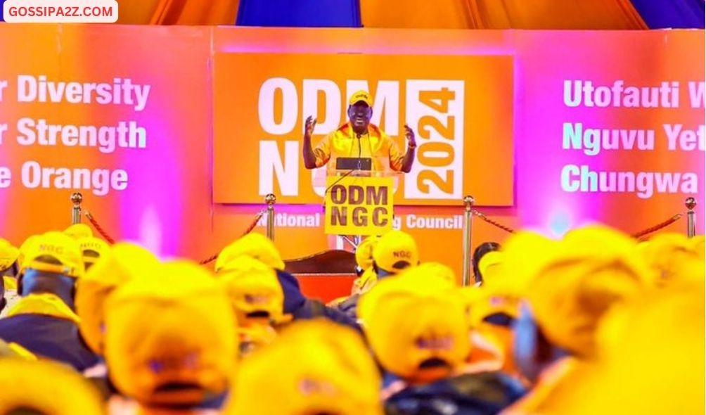 ODM party leader Raila Odinga addresses the gathering during the Party's National Governing Council(NGC) 2024 at Bomas of Kenya on April 18, 2024.