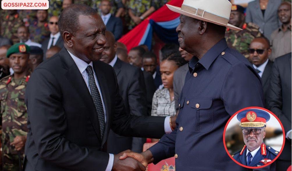 President William Ruto shakes hand with Opposition leader Raila Odinga during the memorial service of late General Francis Ogolla at Ulinzi sports complex on April 20, 2024.