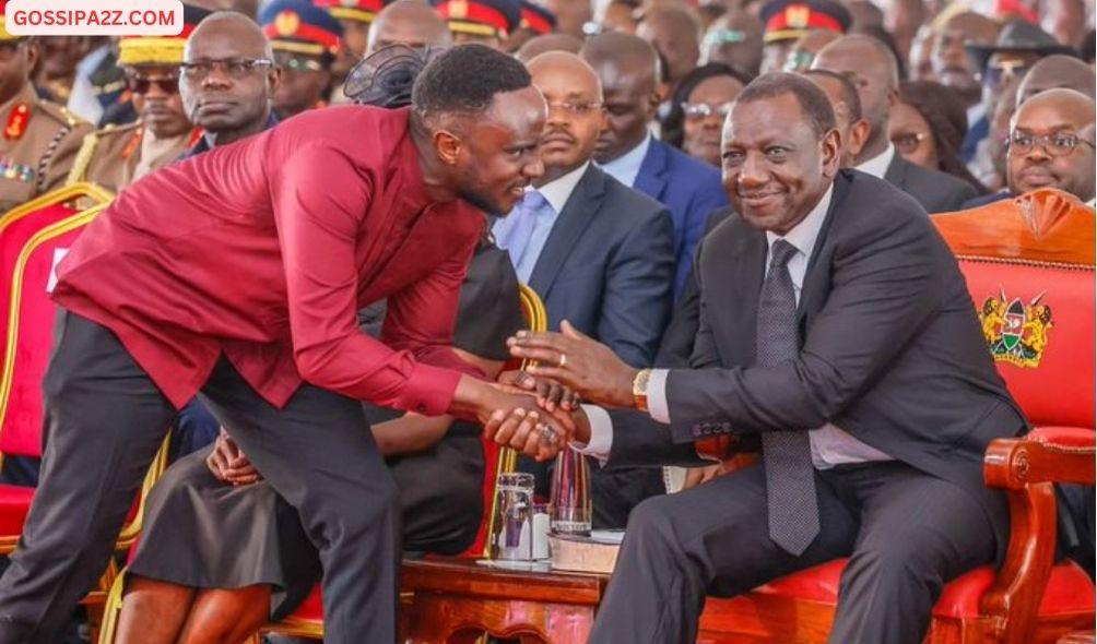 Joel Ogolla shakes hand with President William Ruto during the funeral service on April 22, 2024.