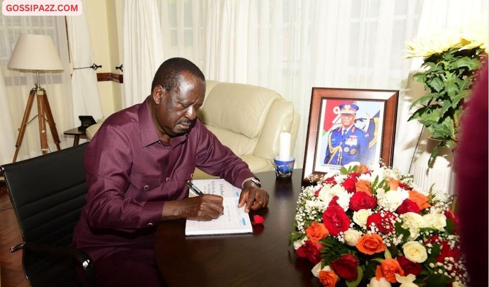 Opposition leader Raila Odinga signs a condolence book the home of late Francis Ogolla on April 19, 2024.