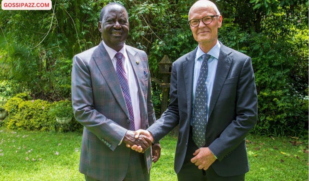 Azimio leader Raila Odinga greeting Norwegian ambassador to Kenya Gunnar Andreas Holm in Nairobi on April 25, 2024.