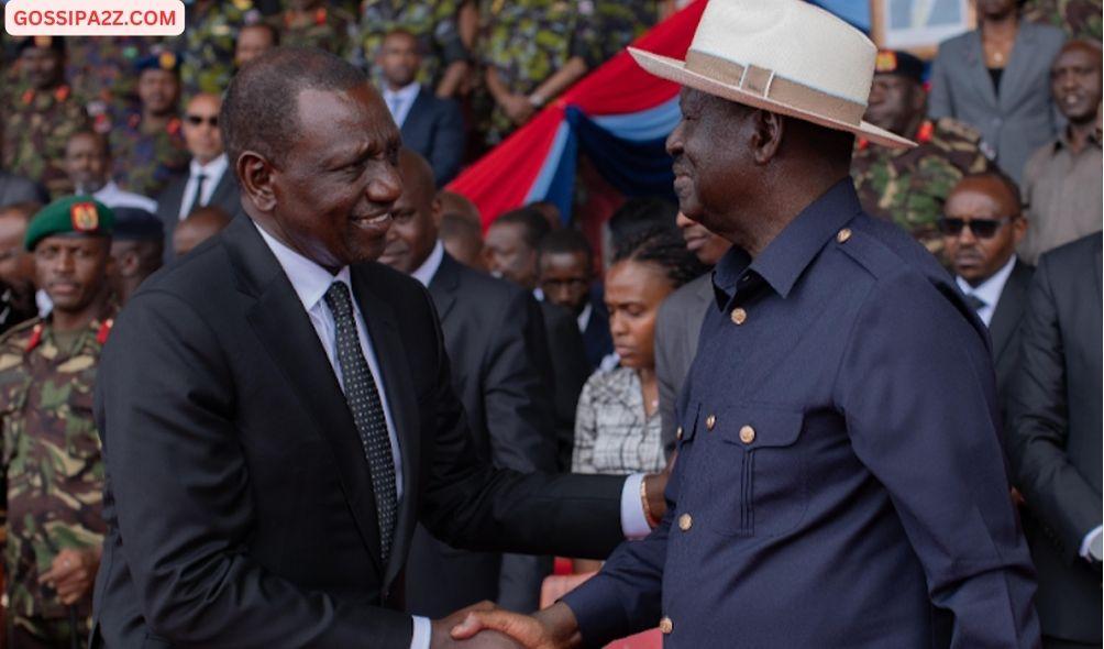 President William Ruto shakes hand with Opposition leader Raila Odinga during the memorial service of late General Francis Ogolla at Ulinzi sports complex on April 20, 2024.