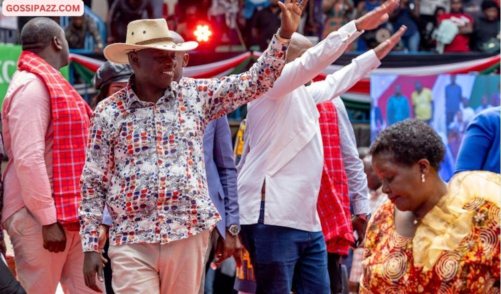 Deputy President Rigathi Gachagua with Lang'ata MP Phelix Odiwuor alias Jalang'o greeting crowds at Nyayo Stadium during a women empowerment funds drive on April 27, 2024.