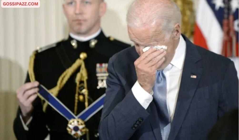 President Joe Biden wipes his eyes during a past event.