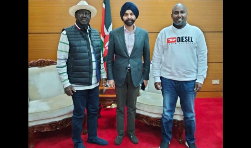 Azimio leader Raila Odinga with World Bank President Ajay Banga and National Assembly minority Whip Junet Mohamed at JKIA on April 29, 2024.