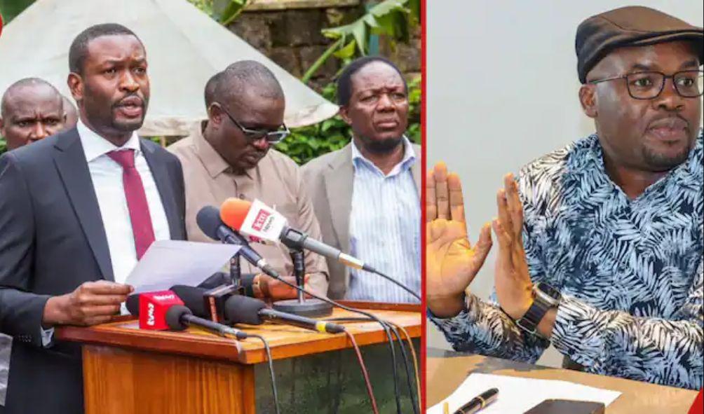 ODM has accused PS Raymond Omollo (r) over the chaos in Kisii and Migori over the weekend. ODM SG Edwin Sifuna (l) addressing the press on the issue on Wednesday