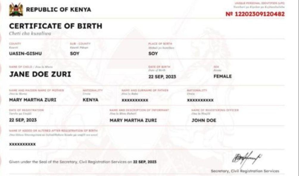 A sample of the new digital birth certificate.