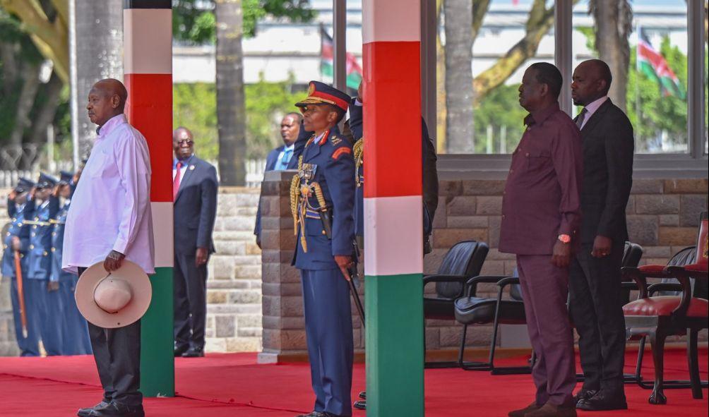 Ugandan President Yoweri Museveni and Azimio la Umoja leader Raila Odinga after his successful three day state visit on May 17, 2024.