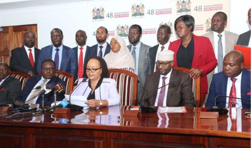 A group of governors led by Governor Waiguru addressing the media after a special sitting, April 16.