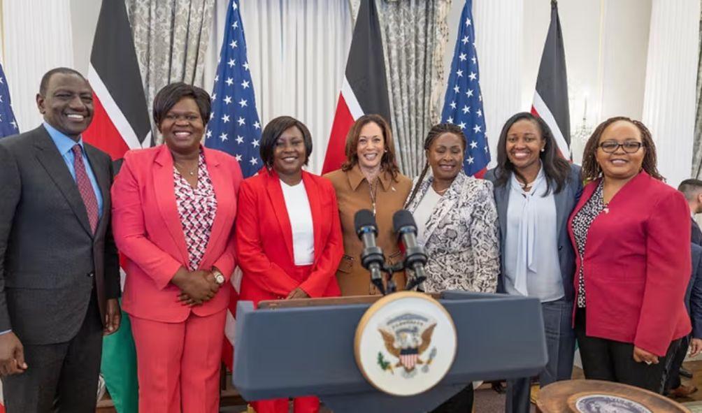 Kenya’s President William Ruto, Governors Glady Wanga (Homabay), Cecily Mbarire (Embu) U.S Vice President Kamala Harris, Wavinya Ndeti (Machakos), Susan Kihika (Nakuru) and Anne Waiguru (Kirinyaga)