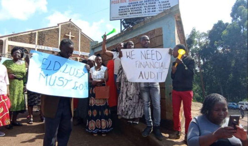 Congregants from PCEA Gatundu protesting on Sunday, May 26, 2024