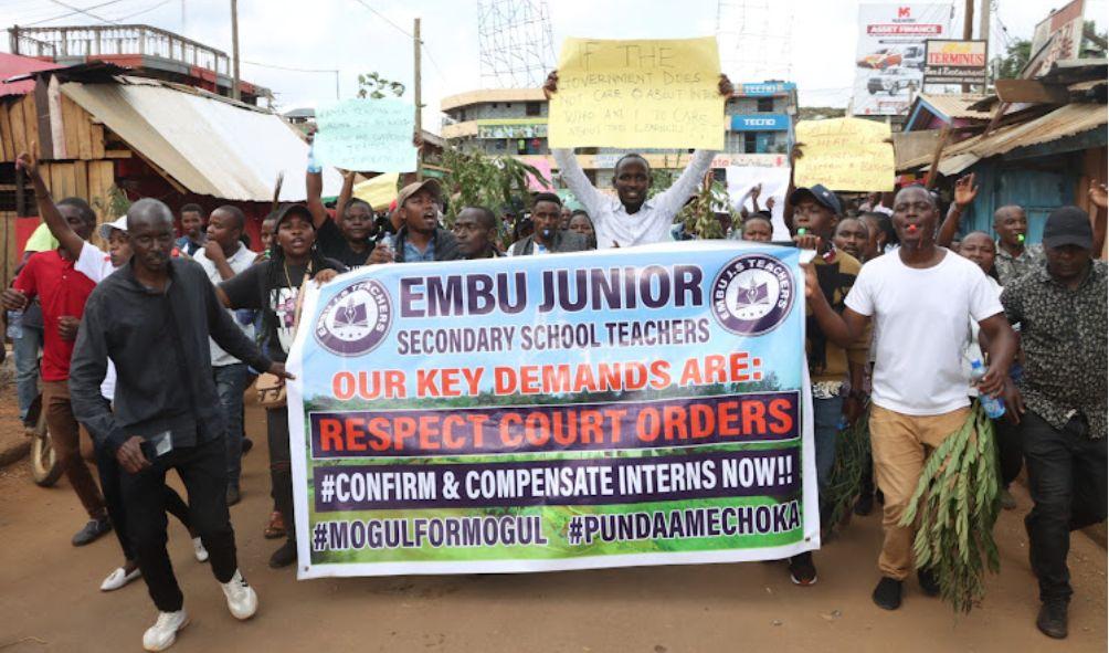 Embu County Junior Secondary School teachers staging demonstrations at Runyenjes town in Embu County on Thursday 16, May,2024.