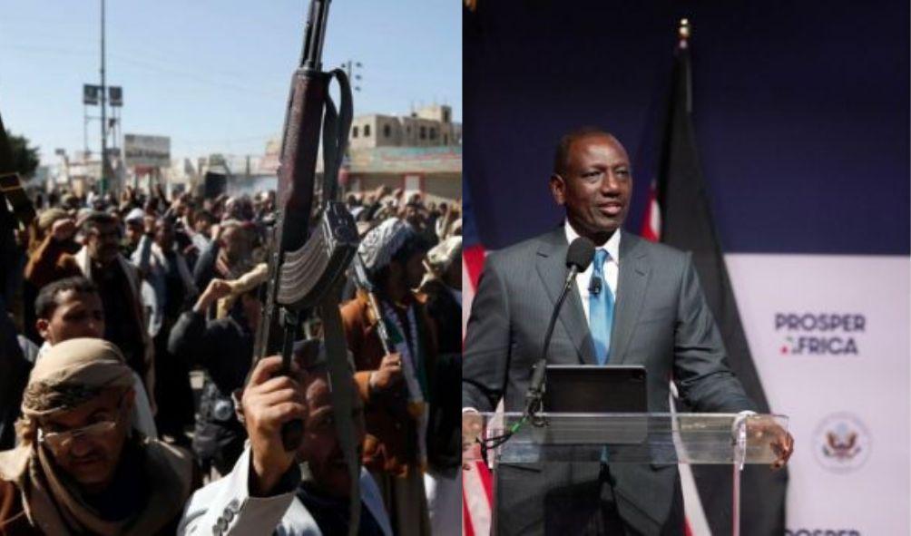 A photo collage of President William Ruto and Houthi rebels in Yemen. 