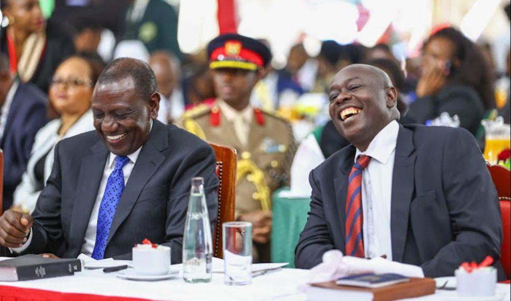 President William Ruto with his deputy Rigathi Gachagua in light moments during the National Prayer Breakfast at Safari park on May 30, 2024.