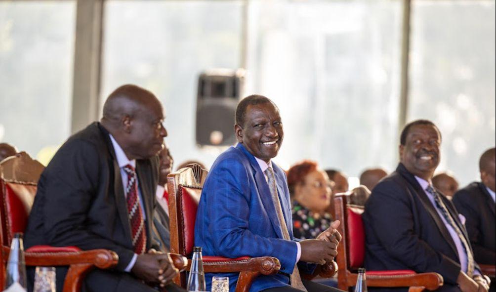 Deputy President Rigathi Gachagua, President William Ruto and Prime CS Musalia Mudavadi during the Kenya Kwanza Parliamentary Group (PG) meeting at State House on June 18, 2024