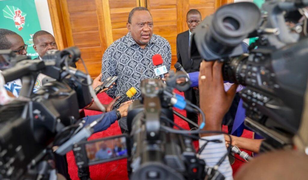 Kenya's former president Uhuru Kenyatta addressing the press after facilitating the EAC - led Nairobi Peace Process in DRC on May 7, 2023